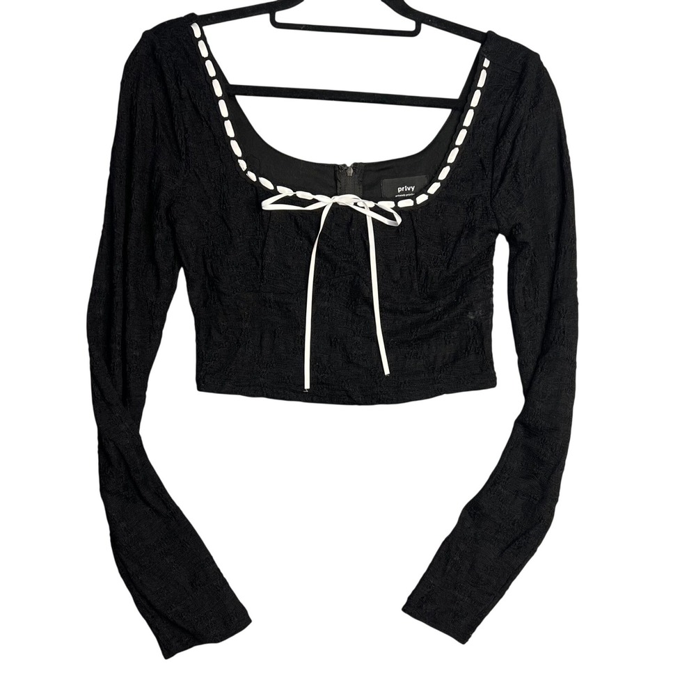 Privy Black Crop Top Size M Milkmaid Textured Square Neck Long Sleeve NWT